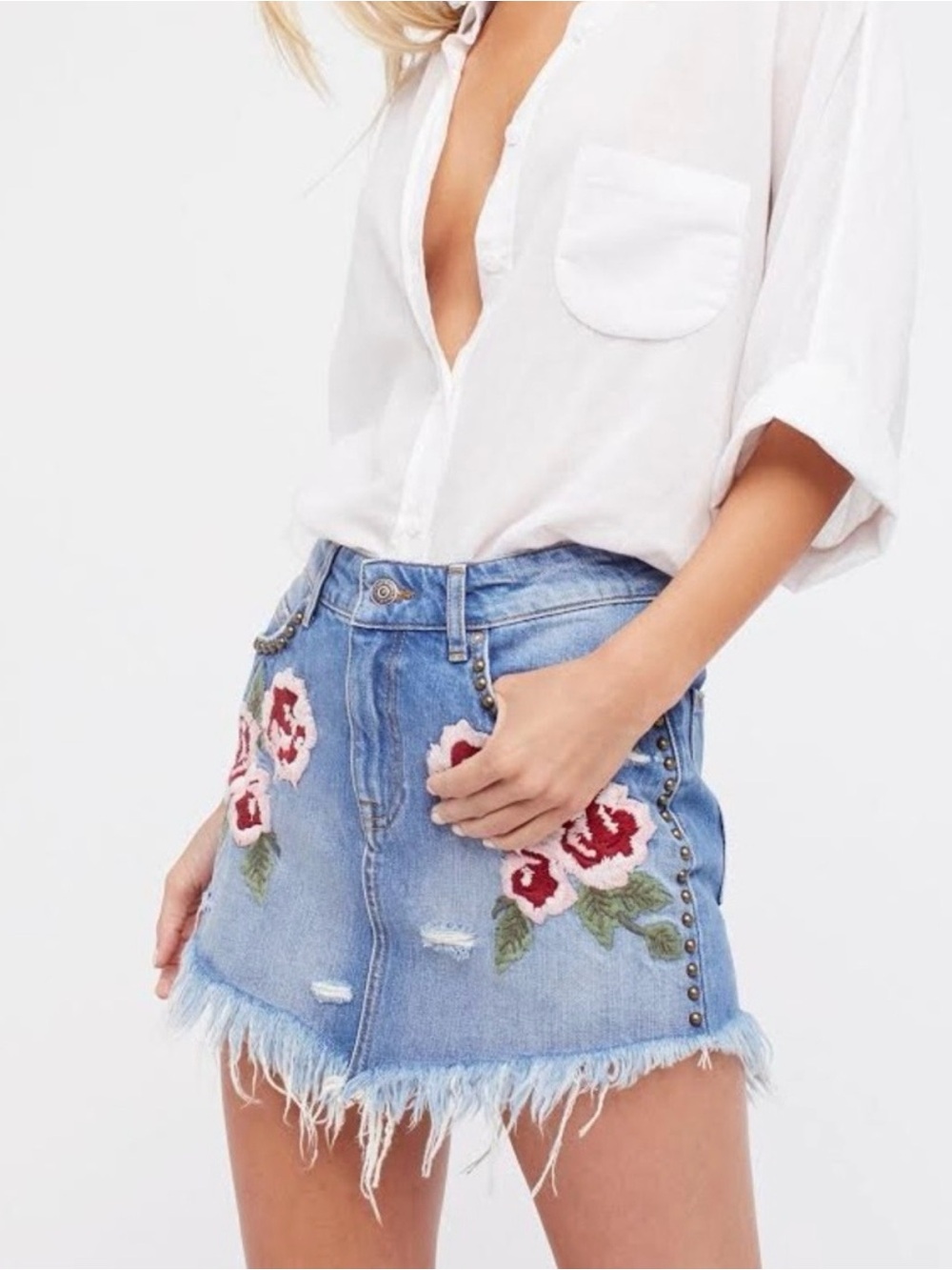 Free People Wild Rose Embroidered Denim Mini Skirt